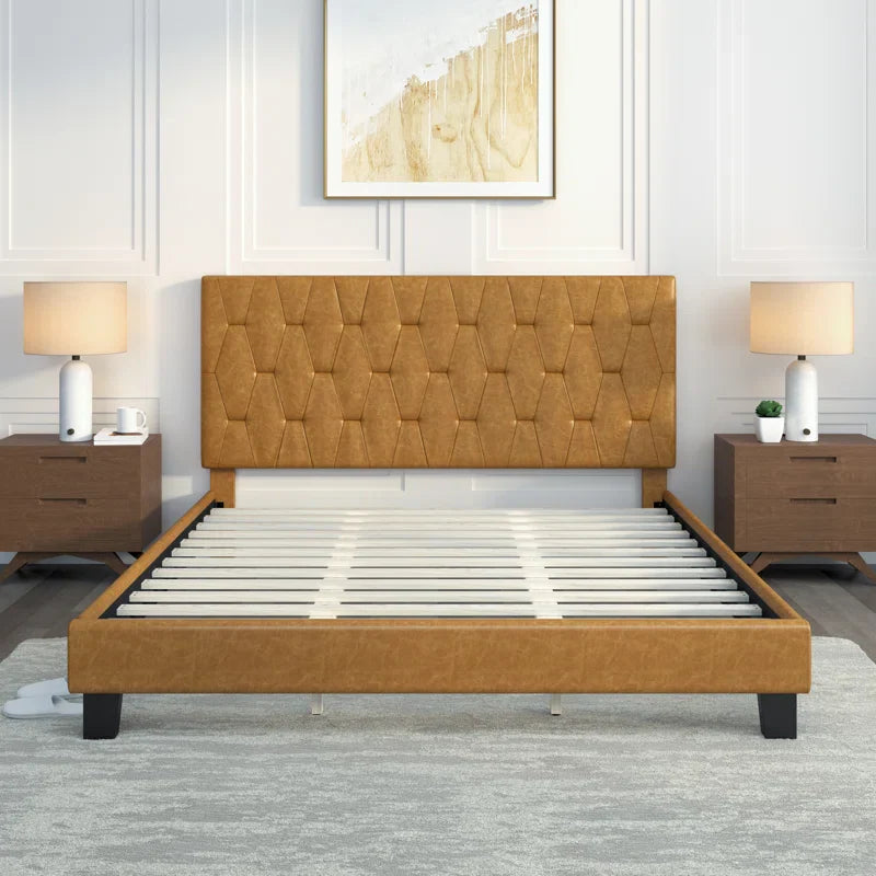 Berthena Tufted Faux Leather Upholstered Wooden Low Profile Standard Bed with Headboard & Footboard