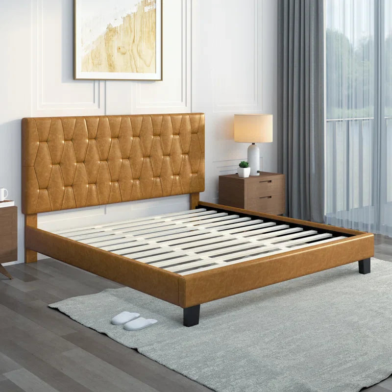 Berthena Tufted Faux Leather Upholstered Wooden Low Profile Standard Bed with Headboard & Footboard