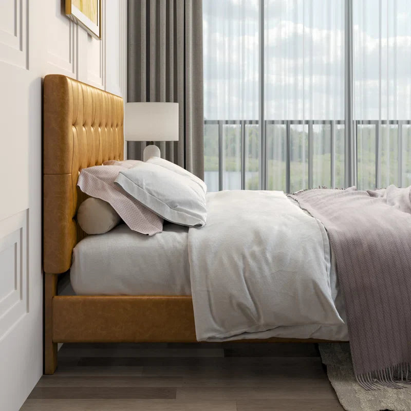 Berthena Tufted Faux Leather Upholstered Wooden Low Profile Standard Bed with Headboard & Footboard