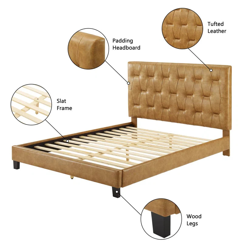 Berthena Tufted Faux Leather Upholstered Wooden Low Profile Standard Bed with Headboard & Footboard