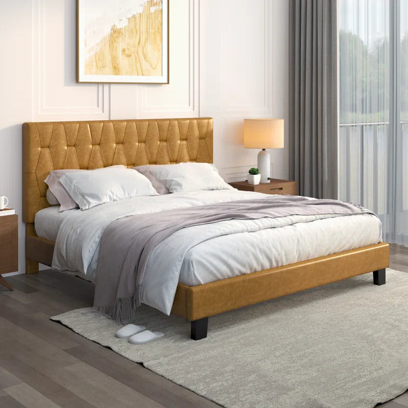 Berthena Tufted Faux Leather Upholstered Wooden Low Profile Standard Bed with Headboard & Footboard