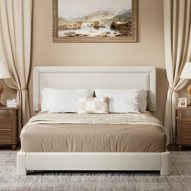 Boucle Bed Frame,Upholstered Bed Frame With Headboard, Surface Cover Soft Cloud Bed Frame Easy Assembly, No Box Spring Required