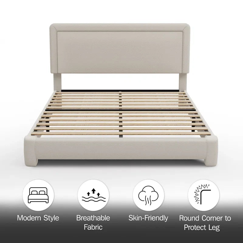 Boucle Bed Frame,Upholstered Bed Frame With Headboard, Surface Cover Soft Cloud Bed Frame Easy Assembly, No Box Spring Required