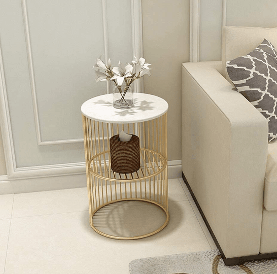 Coffee Round Accent Table for Living Room and Balcony with Metal & Engineered Wood Tabletop and Gold Coated Colour Frame -White-Gold-Jali