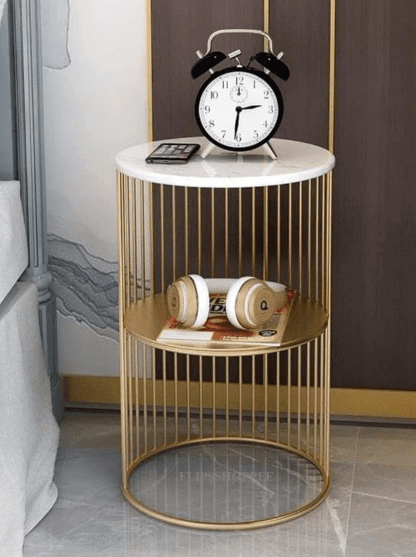 Coffee Round Accent Table for Living Room and Balcony with Metal & Engineered Wood Tabletop and Gold Coated Colour Frame -White-Gold-Jali