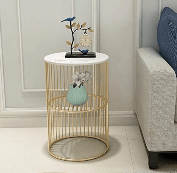Coffee Round Accent Table for Living Room and Balcony with Metal & Engineered Wood Tabletop and Gold Coated Colour Frame -White-Gold-Jali