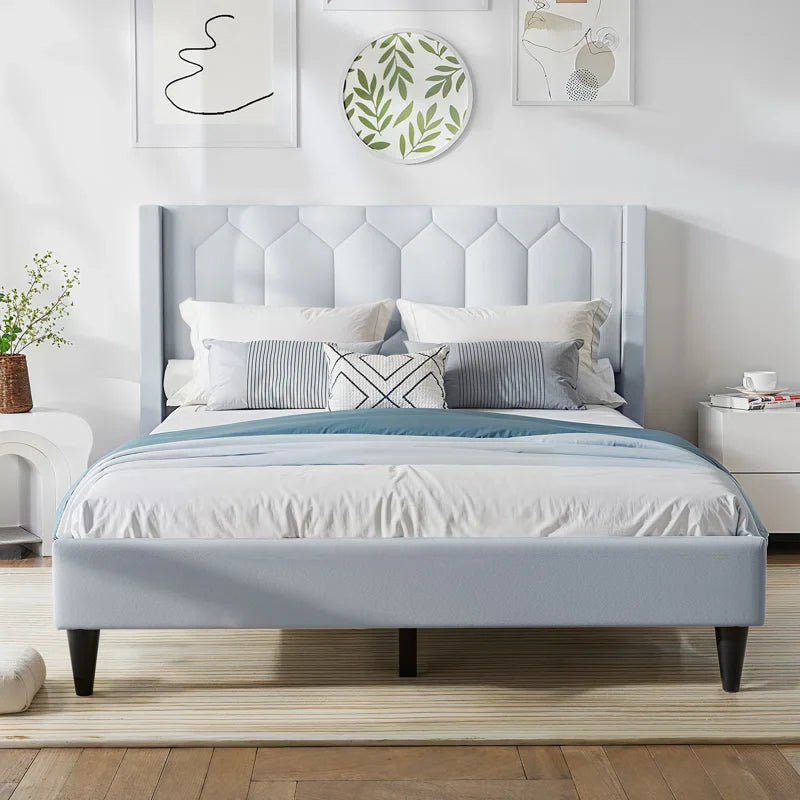 Crumbie Velvet Upholstered Platform Bed with Wingback Headboard