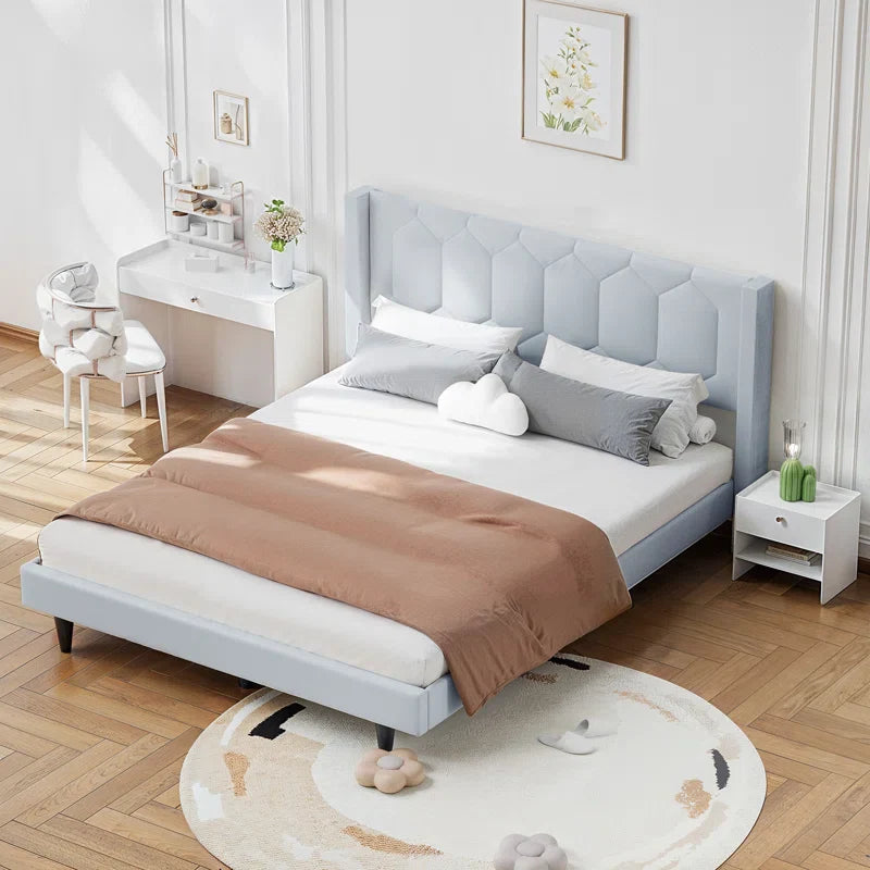 Crumbie Velvet Upholstered Platform Bed with Wingback Headboard