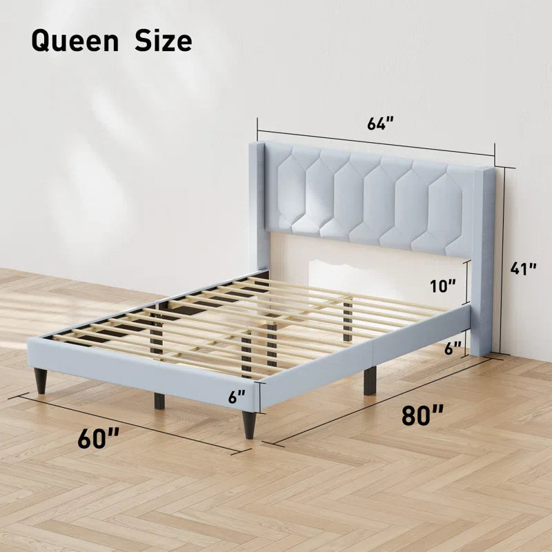 Crumbie Velvet Upholstered Platform Bed with Wingback Headboard