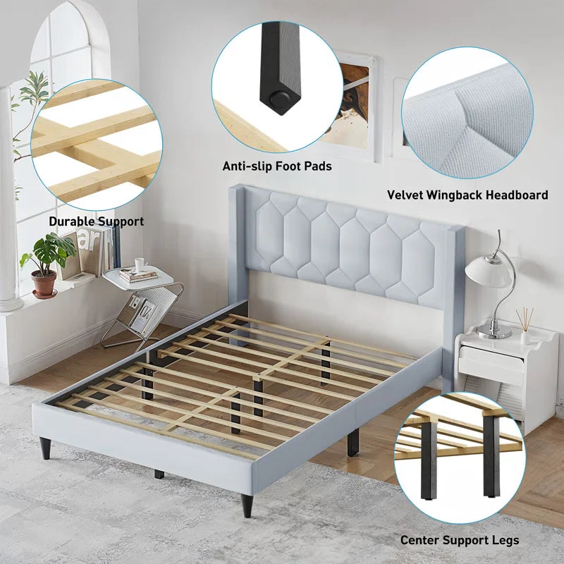 Crumbie Velvet Upholstered Platform Bed with Wingback Headboard