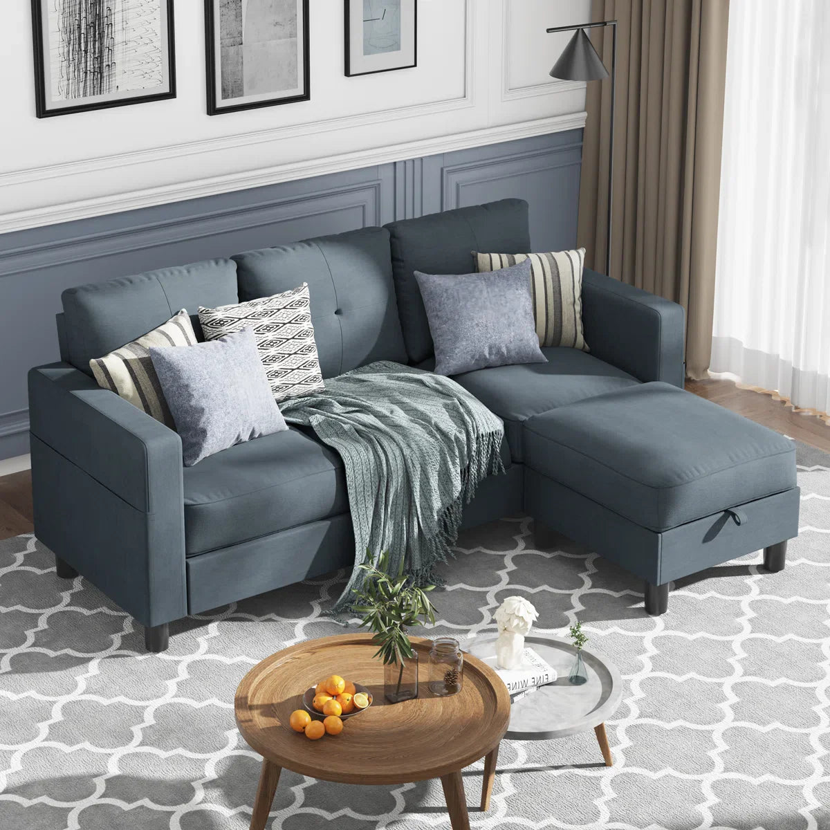 Mid-Century Upholstered Sofa with Storage Ottoman – Space-Saving Comfort & Versatile Design