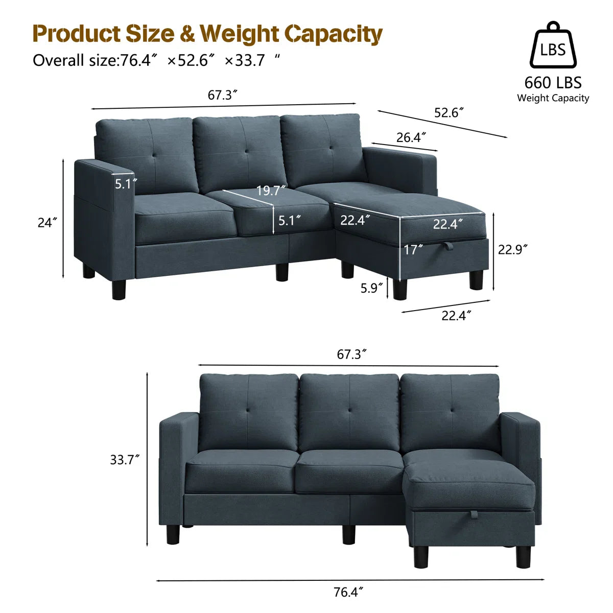 Mid-Century Upholstered Sofa with Storage Ottoman – Space-Saving Comfort & Versatile Design