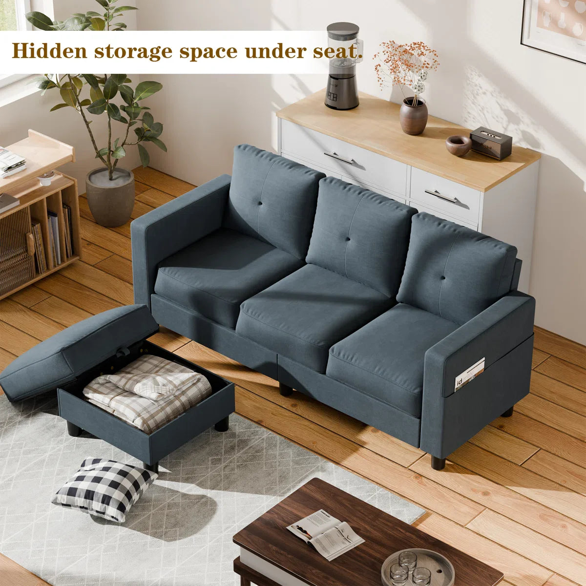 Mid-Century Upholstered Sofa with Storage Ottoman – Space-Saving Comfort & Versatile Design