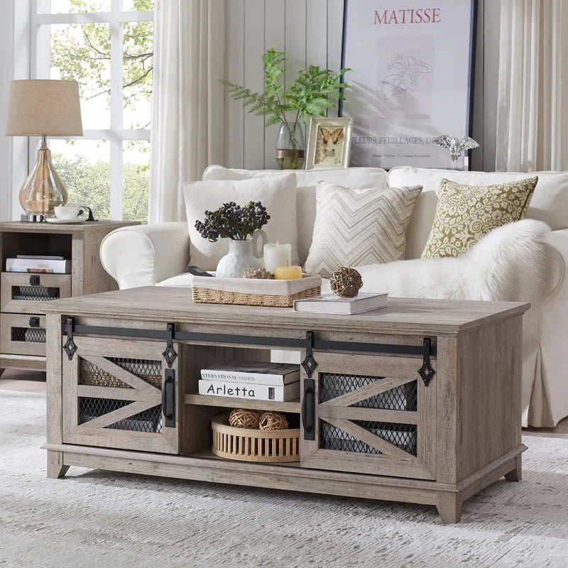 Farmhouse Coffee Table With Storage, Wood Living Room Table, Sliding Barn Door