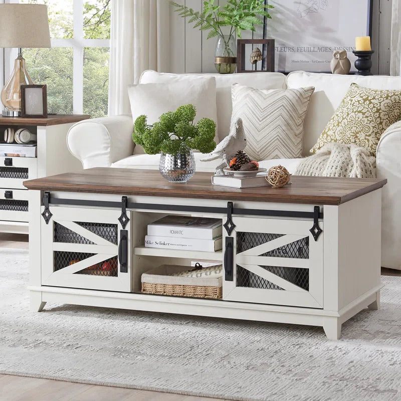 Farmhouse Coffee Table With Storage, Wood Living Room Table, Sliding Barn Door