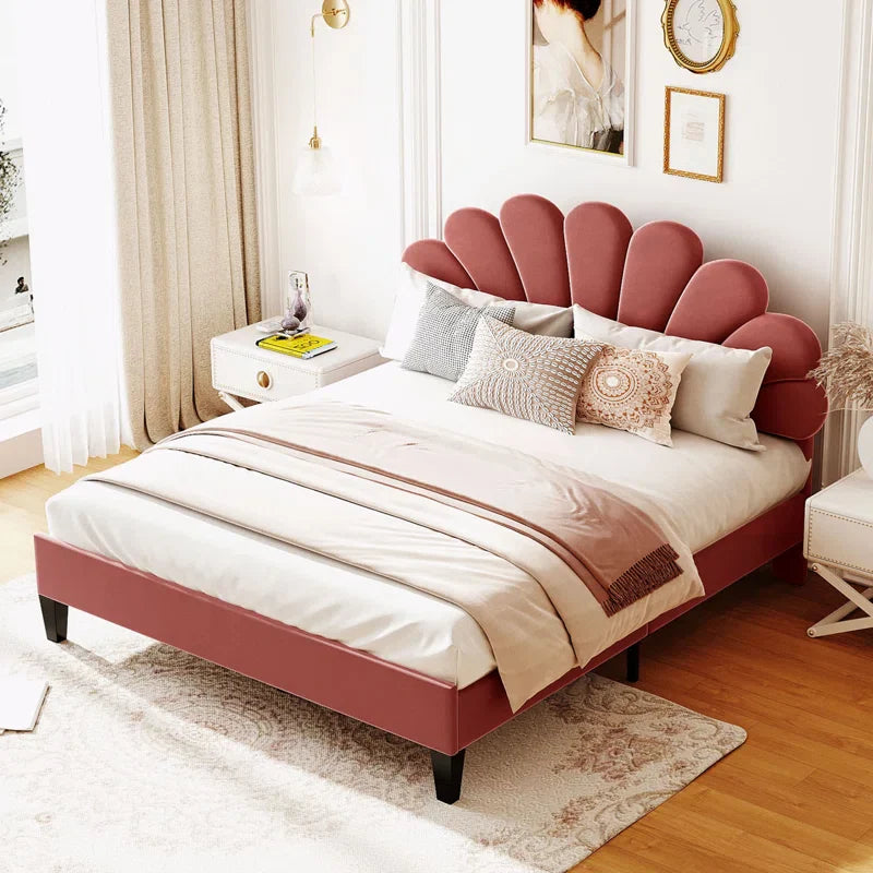 Feehley Upholstered Platform Bed with Flower Pattern Velvet Headboard