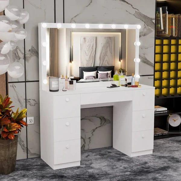 Vanrste White Vanity Table with| Makeup Vanity with Storage Drawers | Vanity Desk with Lighted Mirror for Women