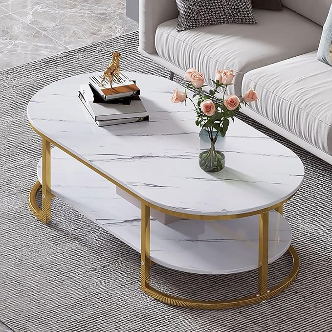 Coffee Tables, oval table, Center Table for Living Room White Gold 2Tier - Metal