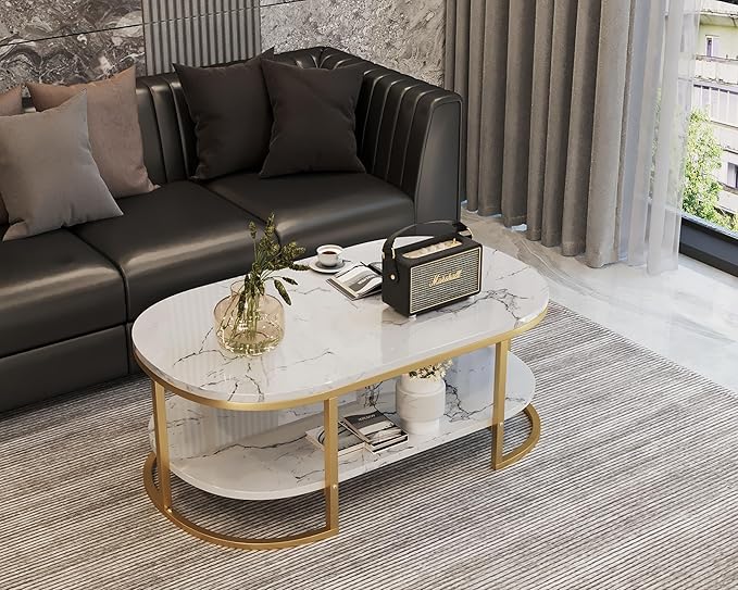 Coffee Tables, oval table, Center Table for Living Room White Gold 2Tier - Metal