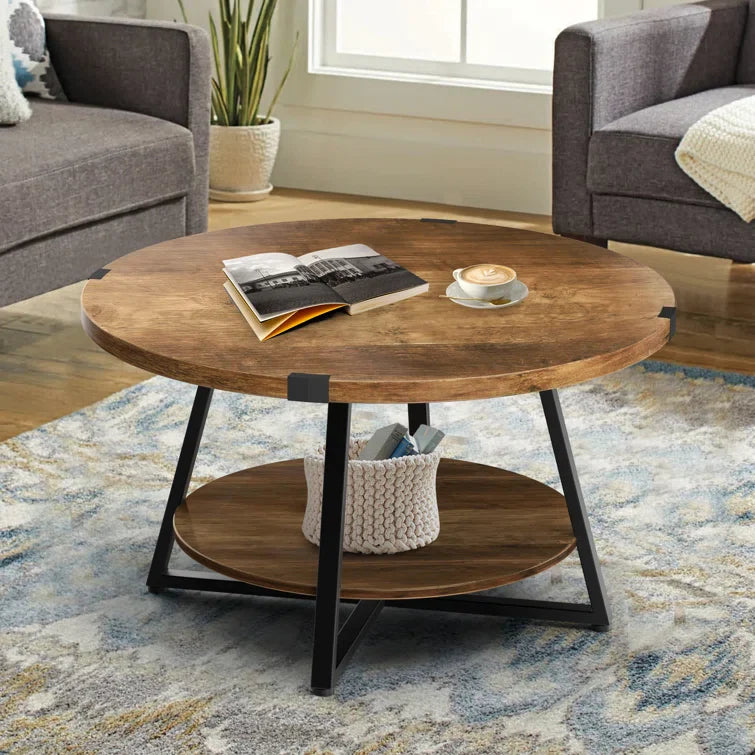 Round Coffee Table with 2-Tier Storage Shelves