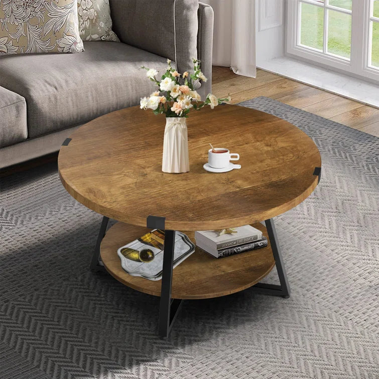 Round Coffee Table with 2-Tier Storage Shelves
