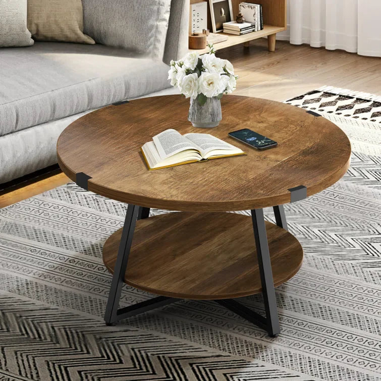 Round Coffee Table with 2-Tier Storage Shelves