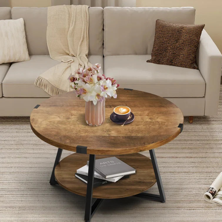 Round Coffee Table with 2-Tier Storage Shelves