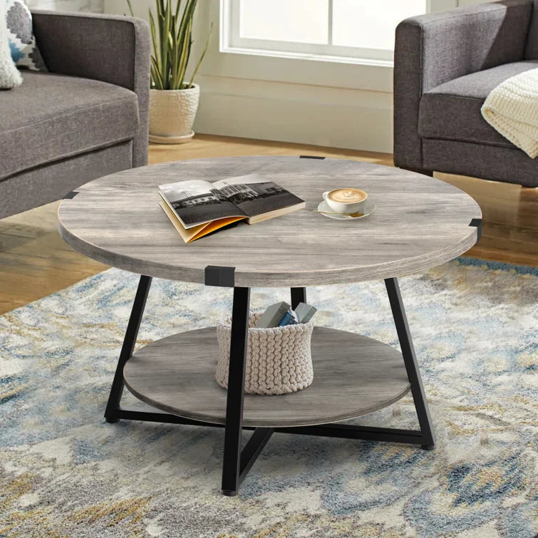 Round Coffee Table with 2-Tier Storage Shelves