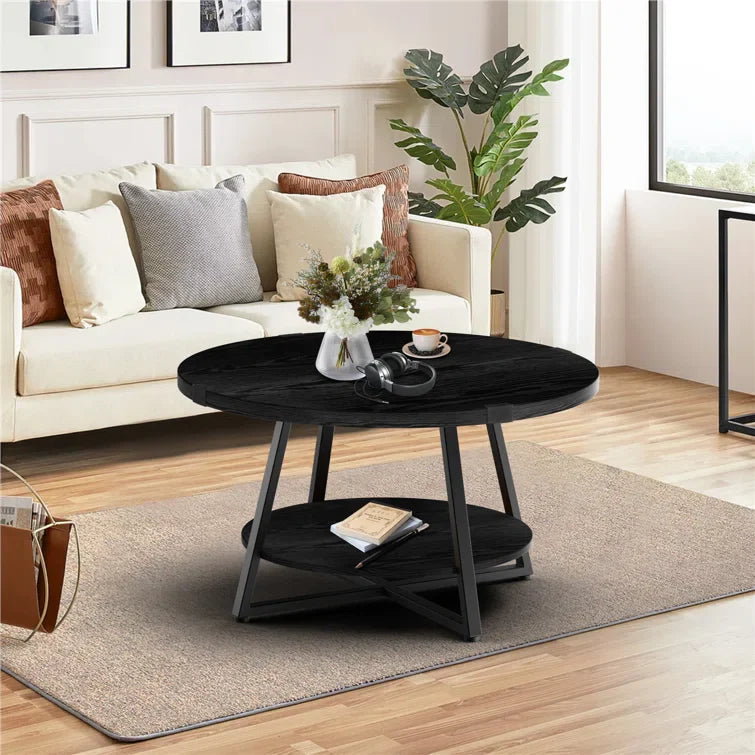 Round Coffee Table with 2-Tier Storage Shelves