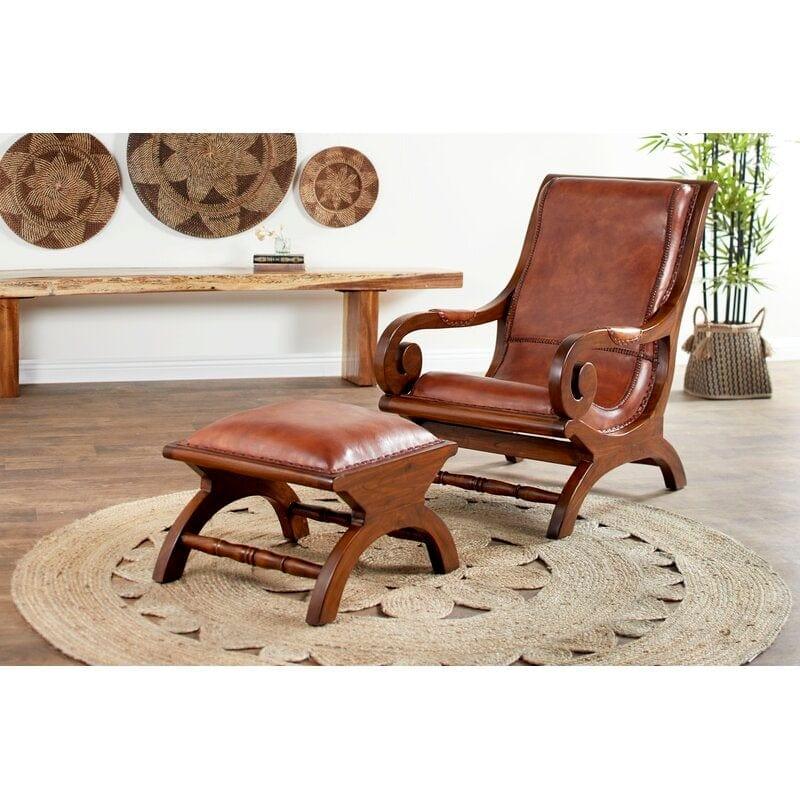 Teak Wood Armchair Lounge Chair with Ottoman