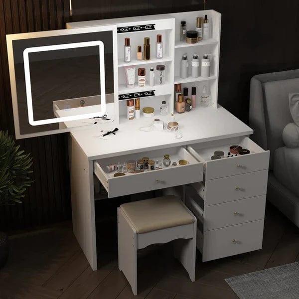 Rob Merg Vanity Desk Set with LED Lighted Mirror & Power Outlet – Sleek White