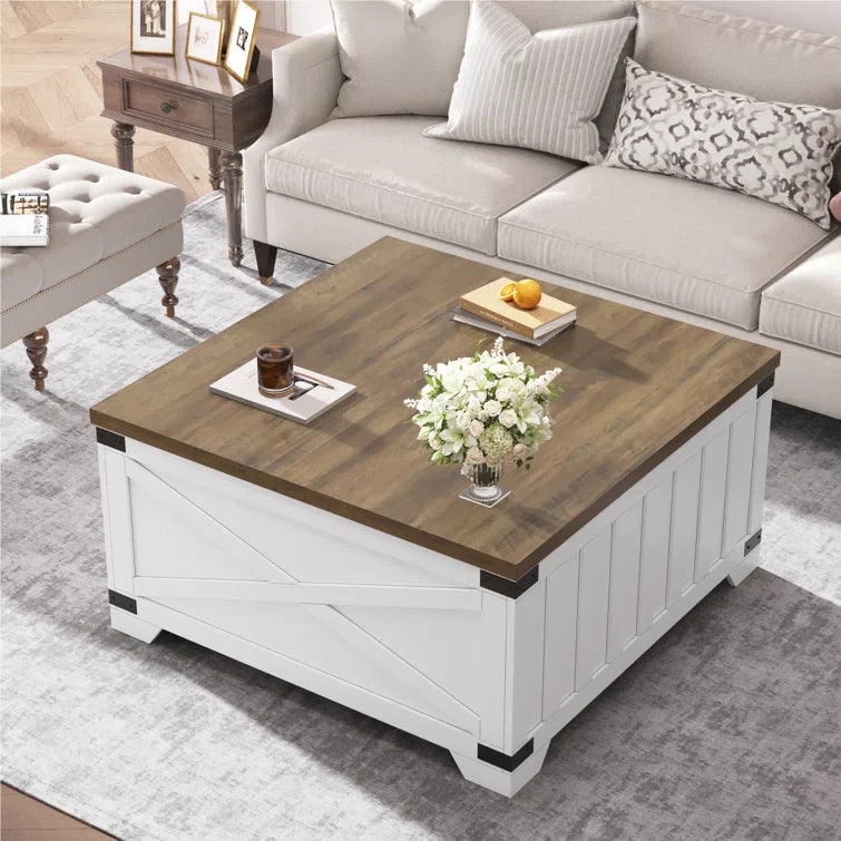 Farmhouse Square Storage Coffee Table with Hinged Lift Top