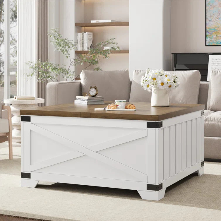 Farmhouse Square Storage Coffee Table with Hinged Lift Top