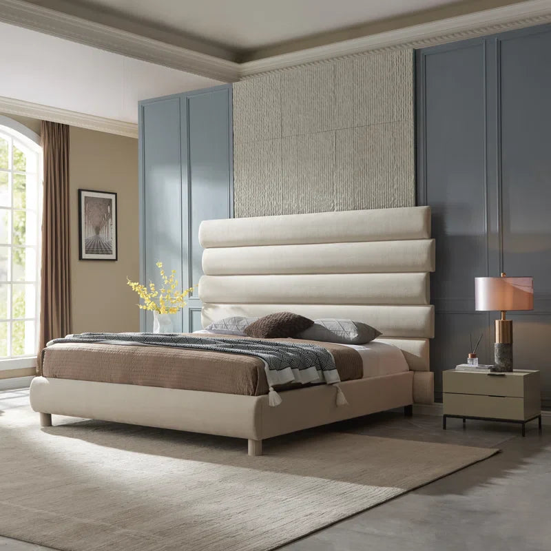 Luxury 60-Inch Asymmetrical High-Back Linen Upholstered Platform Bed - Memory Foam Compatible, No Box Spring Needed | Elevate Your Bedroom with Contemporary Style & Restful Comfort