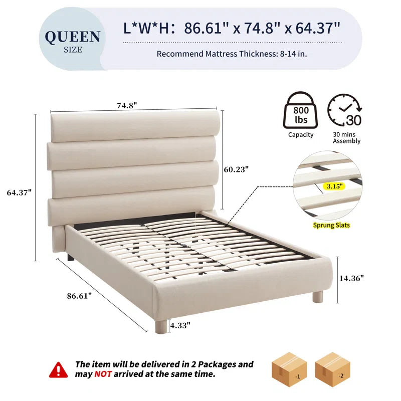 Luxury 60-Inch Asymmetrical High-Back Linen Upholstered Platform Bed - Memory Foam Compatible, No Box Spring Needed | Elevate Your Bedroom with Contemporary Style & Restful Comfort