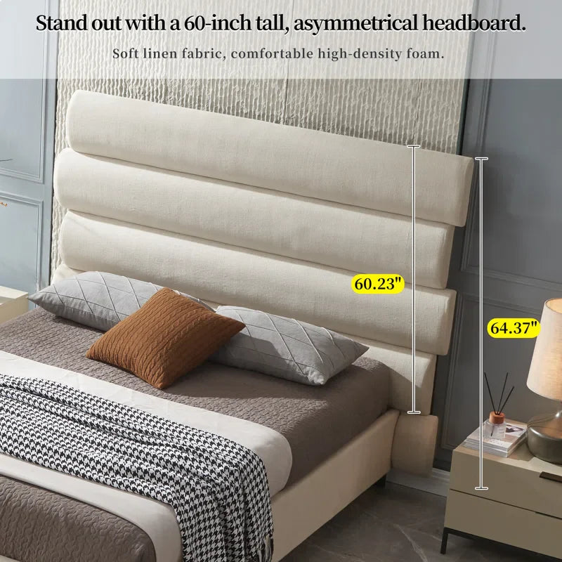 Luxury 60-Inch Asymmetrical High-Back Linen Upholstered Platform Bed - Memory Foam Compatible, No Box Spring Needed | Elevate Your Bedroom with Contemporary Style & Restful Comfort