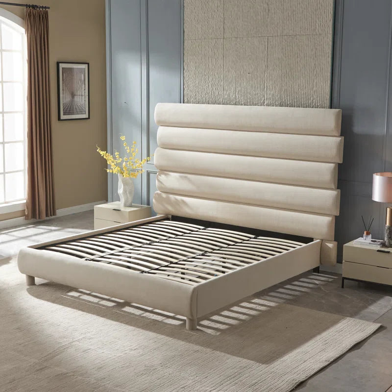 Luxury 60-Inch Asymmetrical High-Back Linen Upholstered Platform Bed - Memory Foam Compatible, No Box Spring Needed | Elevate Your Bedroom with Contemporary Style & Restful Comfort