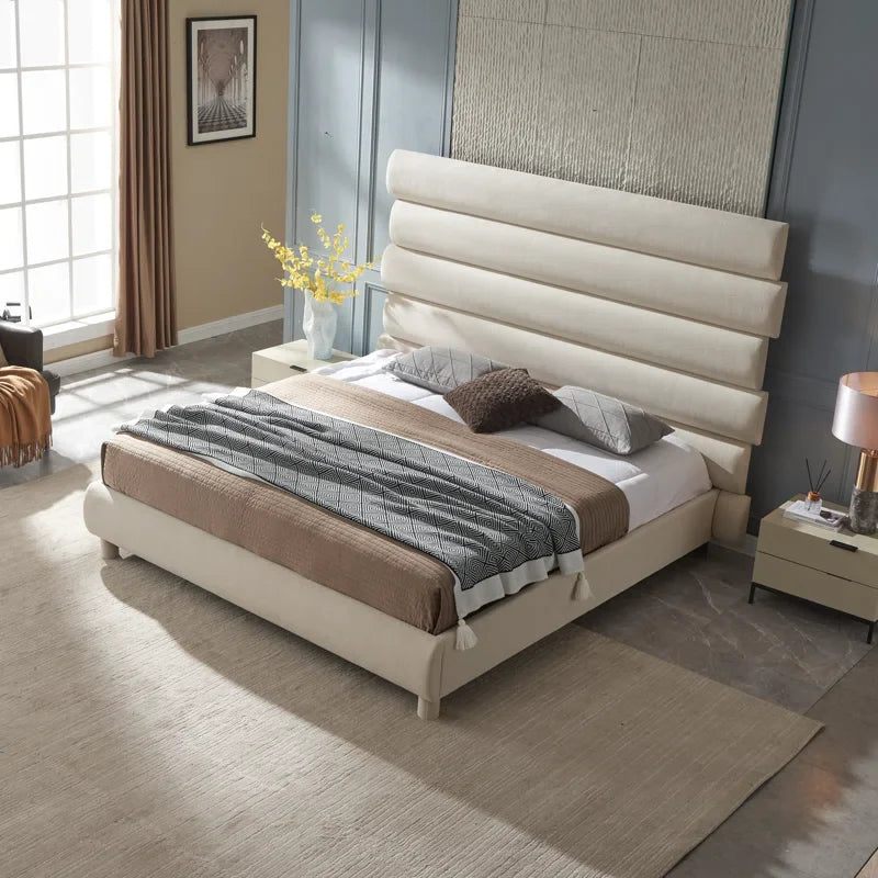 Luxury 60-Inch Asymmetrical High-Back Linen Upholstered Platform Bed - Memory Foam Compatible, No Box Spring Needed | Elevate Your Bedroom with Contemporary Style & Restful Comfort