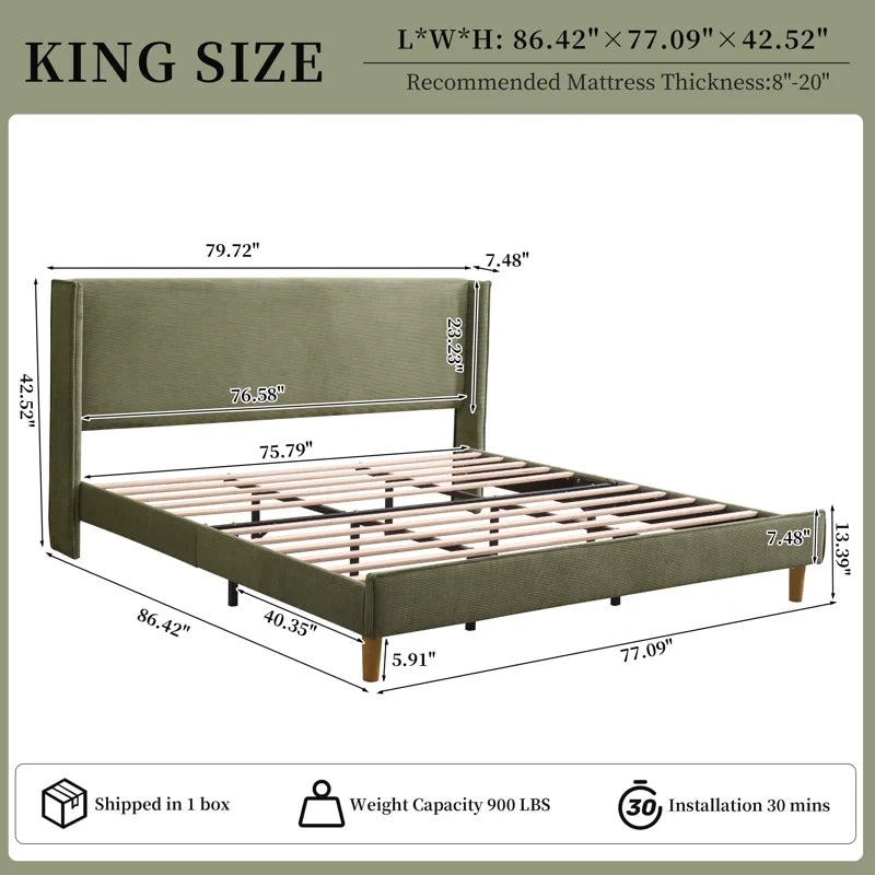 Luxury Corduroy Upholstered Bed - Modern Wingback Design,No Box Spring Needed, Noise-Free