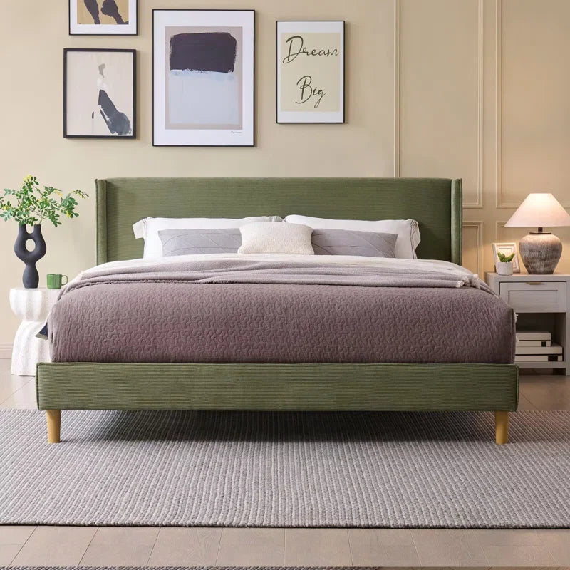 Luxury Corduroy Upholstered Bed - Modern Wingback Design,No Box Spring Needed, Noise-Free