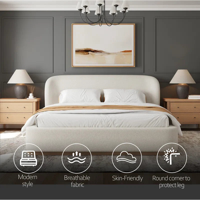 Modern Premium Upholstered Platform Tribeca Bed Frame – Wingback Headboard, Performance Fabric, Rounded Corners