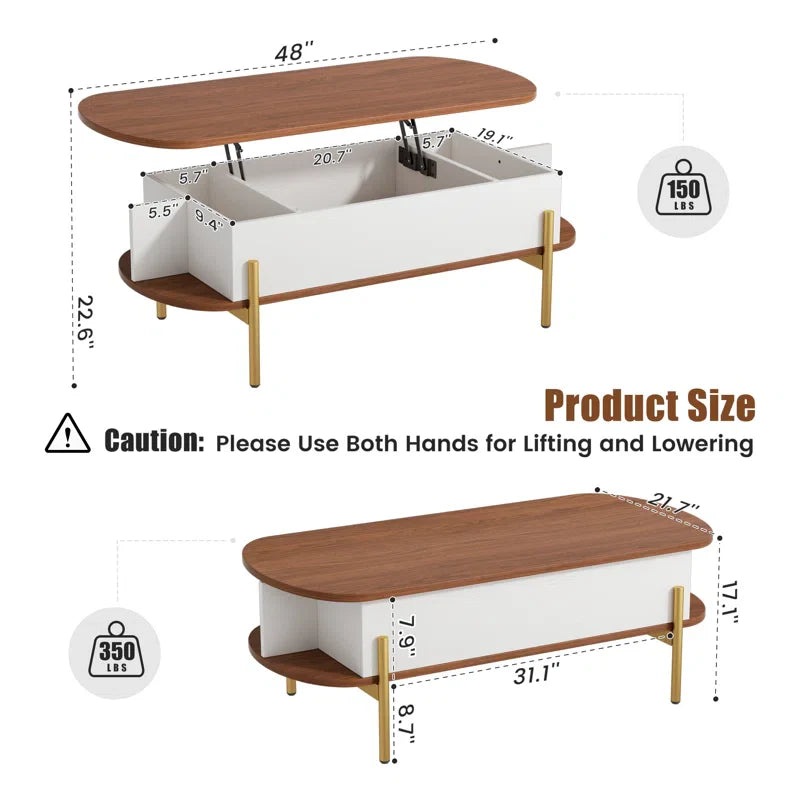 Oval Lift Top Coffee Table With Storage Open Shelf Living Room