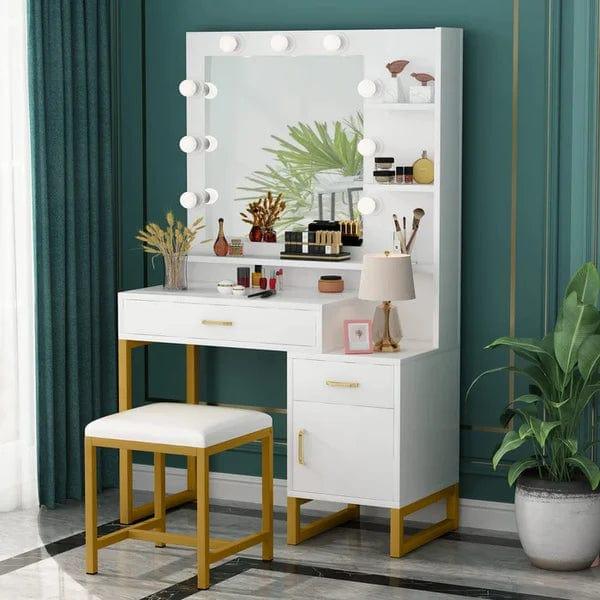 Leon Dressing Table with Lighted Mirror, Stool & Drawers – Classic White