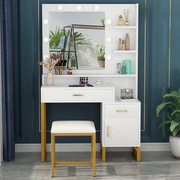 Leon Dressing Table with Lighted Mirror, Stool & Drawers – Classic White