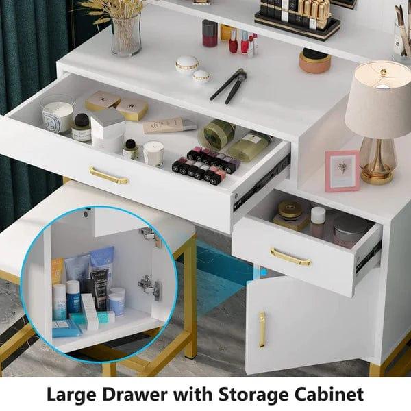 Leon Dressing Table with Lighted Mirror, Stool & Drawers – Classic White