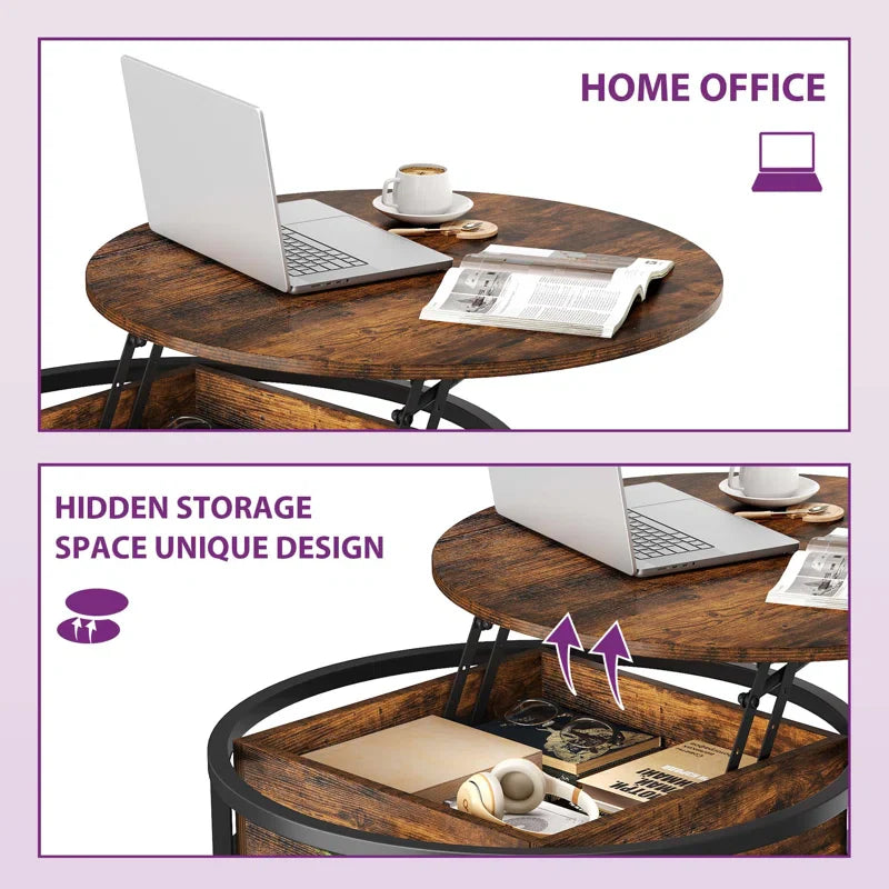 Lift Top Extendable Round Frame Coffee Table with Storage