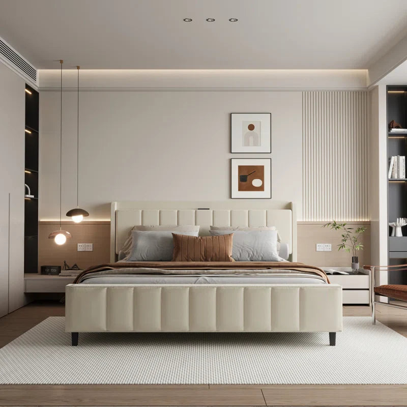 Classic Comfort Upholstered Bed with Storage Headboard and Charging Station