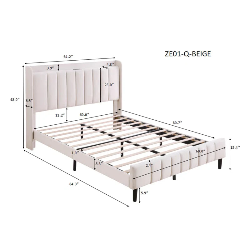 Classic Comfort Upholstered Bed with Storage Headboard and Charging Station