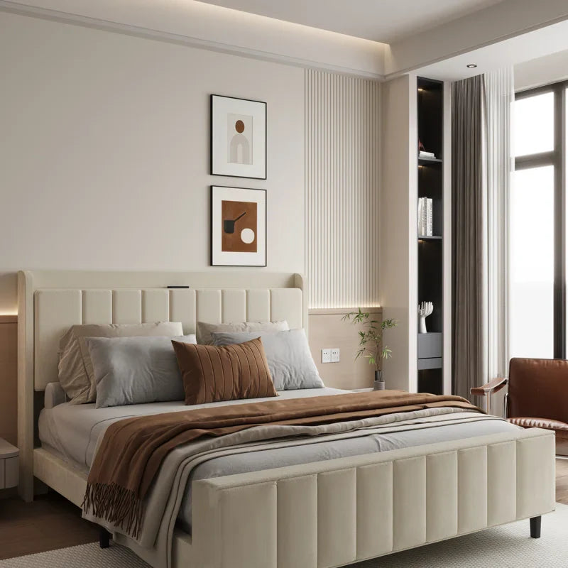 Classic Comfort Upholstered Bed with Storage Headboard and Charging Station