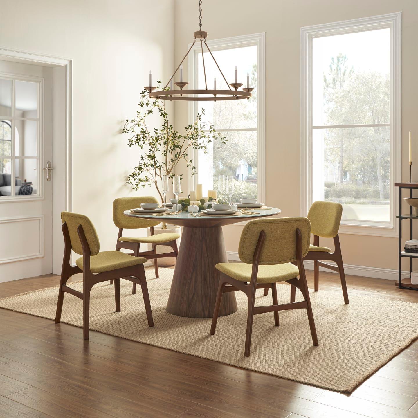 Theo Modern Round Dining Table – White Glass Top with Walnut Veneer Base